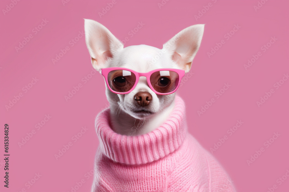 Adorable and amusing chihuahua dog sporting stylish sunglasses against a vibrant pink backdrop, radiating charm and playfulness in this delightful scene. Ai generated