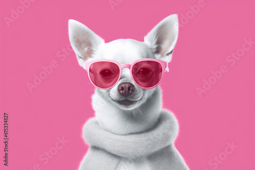 Adorable and amusing chihuahua dog sporting stylish sunglasses against a vibrant pink backdrop, radiating charm and playfulness in this delightful scene. Ai generated © dragomirescu