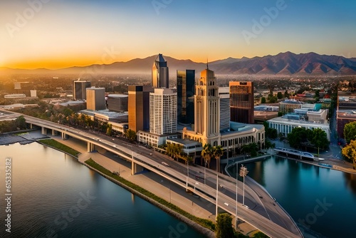  Aerial view of the cityscape at sunrise  showing buildings along the river with mountains in the background