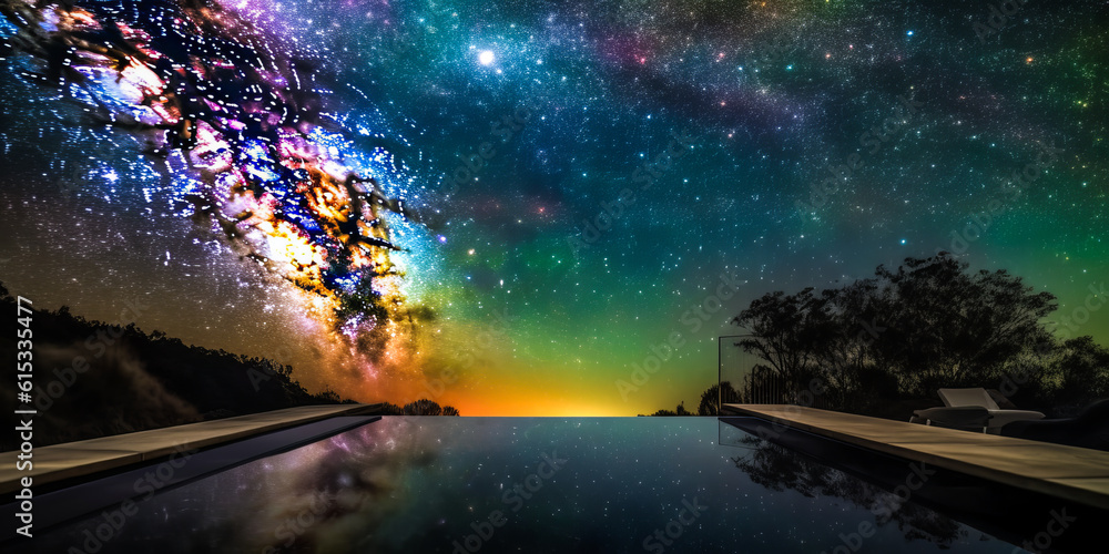 Stunning infinity pool merging with a breathtaking multicolored galaxy, stars and planets within reach, evoking awe and depth for an impactful marketing visual. Generative AI