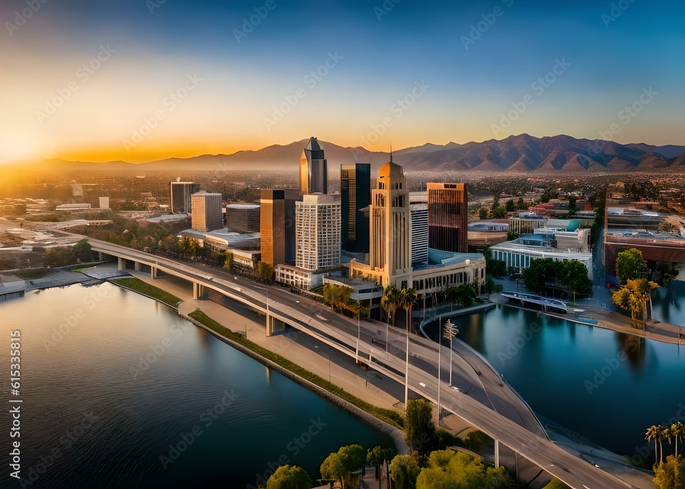 Aerial view of the cityscape of Freudiana fbottom, California with its iconic skyscrapers and river in front of blue sky at sunrise