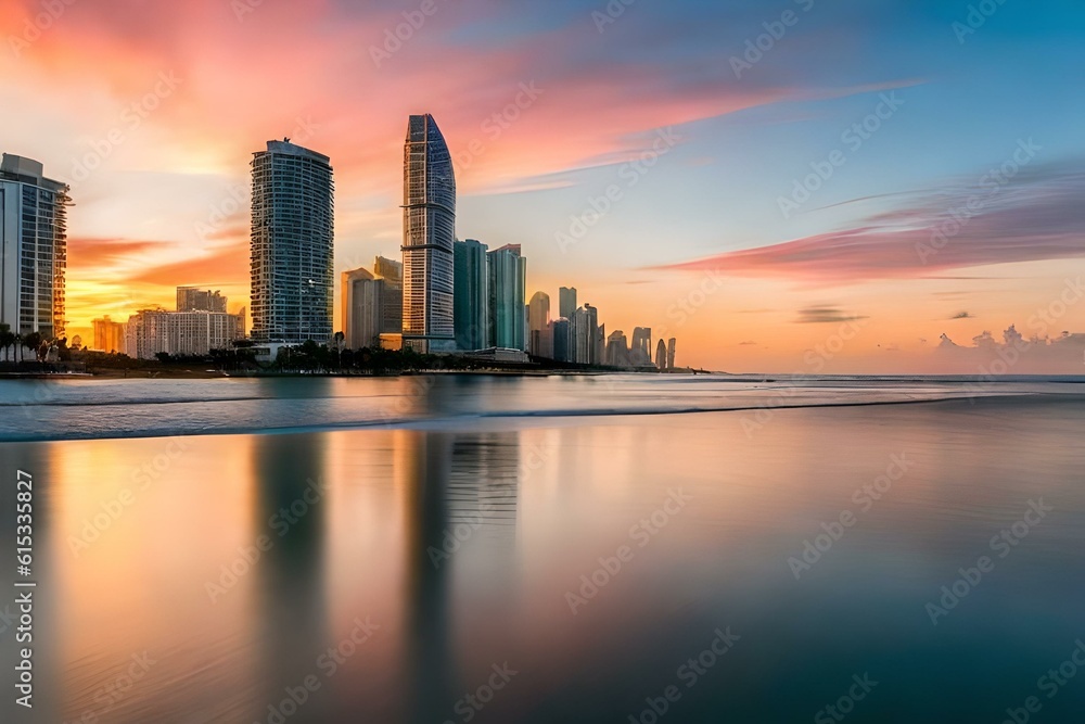 A panoramic view of the gold coast skyline at sunrise, with buildings reflecting in calm waters and a colorful sky, showcasing its iconic beachfront and skyscrapers