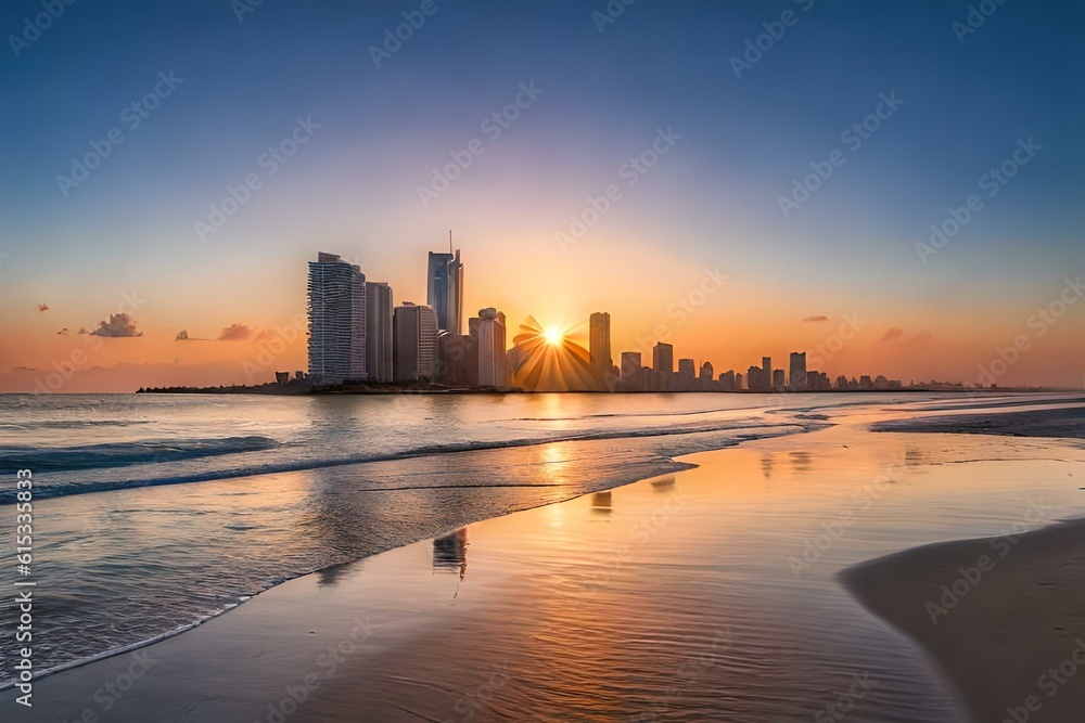 A stunning sunrise over the iconic gold coast skyline, with its beautiful beach and sparkling ocean