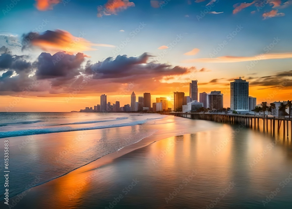A stunning sunset over the gold coast skyline with its iconic beach and pier, reflecting in calm waters
