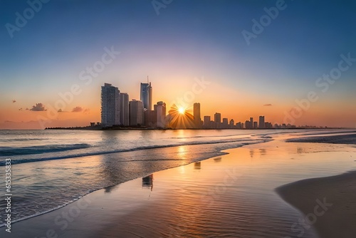 A stunning sunrise over the iconic gold coast skyline, with its beautiful beach and sparkling ocean