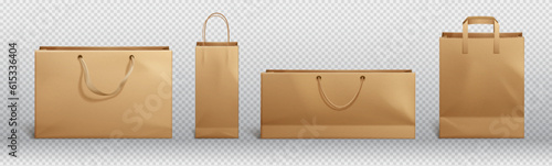 Craft brown paper bag and handle vector mockup. Shopping package mock up to carry food front view icon merchandising design collection. 3d retail reusable branding merchandise illustration