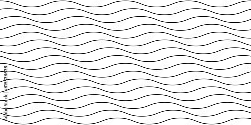 Wavy lines seamless pattern. Undulate stripes repeating background. Monochrome horizontal waves texture. Simple curved linear wallpaper. Textile and fabric swatch design template. Vector - obrazy, fototapety, plakaty 