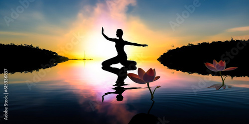 Captivating silhouette of a yogi amid tranquil outdoor setting, showcased in shadows on white background, accompanied by vibrant lotus flower floating on nearby pond. Generative AI