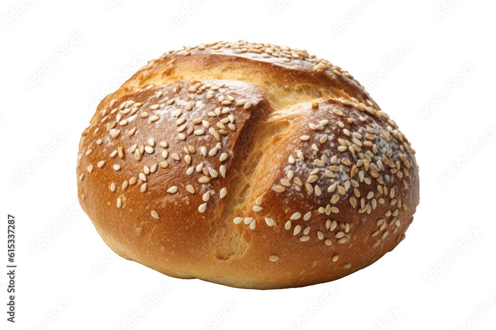 A German breakfast roll with sesame, brötchen, isolated (Generative AI)