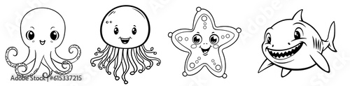 Sea animals - cute Octopus, Jellyfish, Starfish and Shark, simple thick lines kids or children cartoon coloring book pages. Clean drawing can be vectorized to illustration. Generative AI
