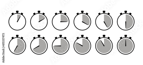Timer icons. Stopwatches in circle shape. Set of clocks with different minutes. Countdown timer symbols. Chronometer deadline. Cooking indicators in flat design. Vector illustration.