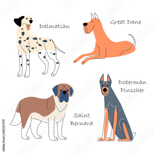 Dog breeds Set 1 . Flat shape and pencil line drawing design . Vector .
