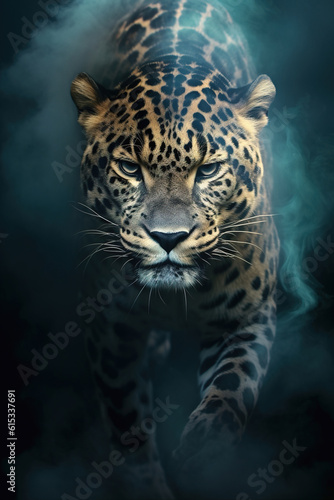 Leopard in the clouds of smoke. Stunning photorealistic portrait