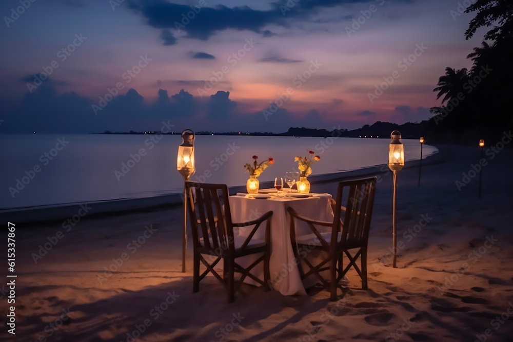 Obraz premium Luxury romantic candlelight dinner table setup for couple in ocean view restaurant on Valentine's day with Champaign & wine glasses and beautiful food decoration,Generative AI