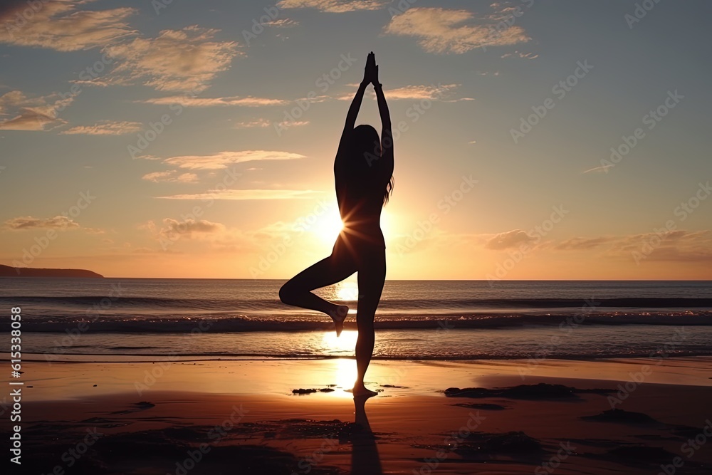 Woman in silhouette performing yoga at a beach in sunset