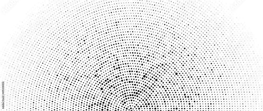 Halftone concentric dot lines background. Spotted and dotted half circles gradient. Radial fading comic texture. Black and white rough gritty wallpaper. Grunge monochrome pop art backdrop. Vector
