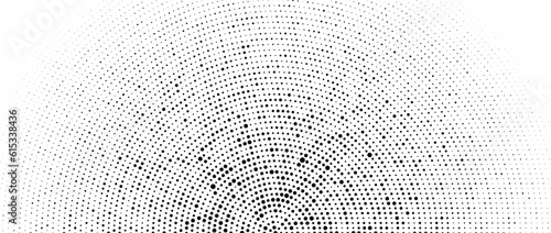 Halftone concentric dot lines background. Spotted and dotted half circles gradient. Radial fading comic texture. Black and white rough gritty wallpaper. Grunge monochrome pop art backdrop. Vector
