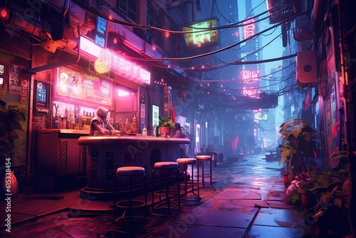 Cyberpunk city nightscene with neon lights