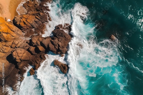 Drone overhead image of crashing ocean waves and rocks