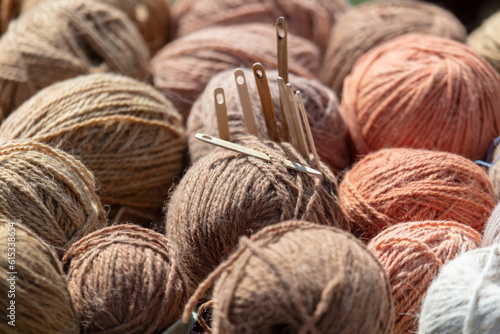 Skeins of yarn for knitting at the market. Selective focus