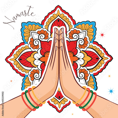 Illustration of karma depicted with Namaste, Indian women's hand greeting posture of namaste with  mandala design vector illustration