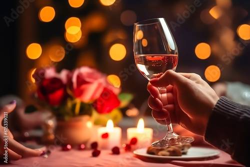 Romance And Love. Closeup Of Couple Holding Hands On Served Restaurant Table With Wine,Generative AI 