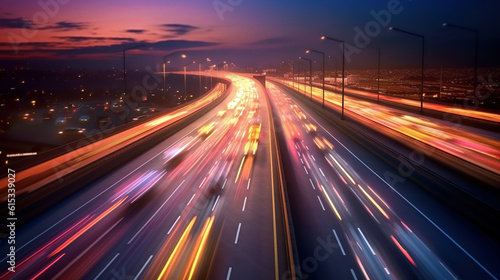 Aerial view of traffic jam at multiple lane highway at sunset, long exposure, blurred motion