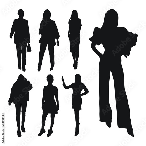 Sketchy image of female silhouettes. Woman, female, maiden, lass, lady, girl. Business women, fashionista, teacher, audience, students, girlfriends