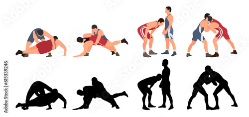 Set of wrestlers silhouettes. Image of greco roman wrestling, martial art, sportsmanship