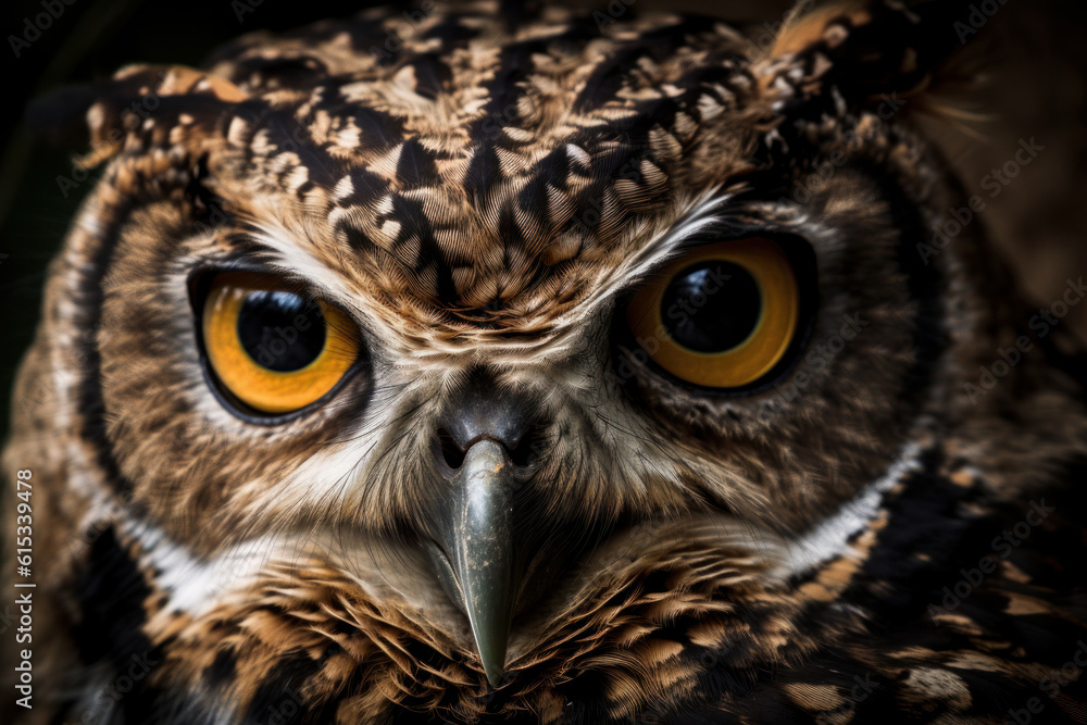 Obraz premium An owl camouflaged in its woodland habitat, its beak and feathers perfectly adapted to the environment. An example of nature's brilliance. AI Generative