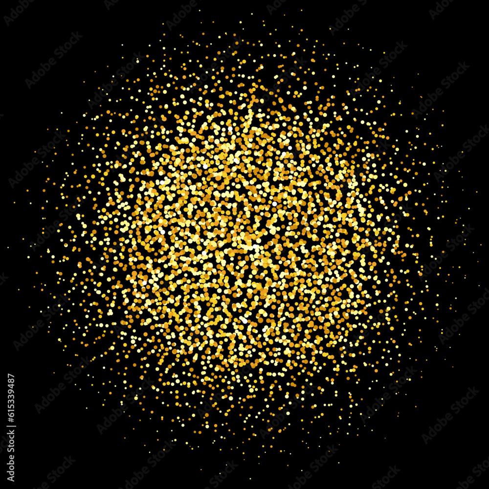 Golden confetti pale. Dotted glitter background. Simple gold round dots heap. Yellow halftone texture. Christmas decoration element for invitation, banner. Vector illustration on dark background