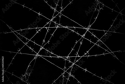 Old security barbed wire isolated on black background. Sharp military security fence. Closeup image. crossed Lines of barbed wire on black background. concentration camp