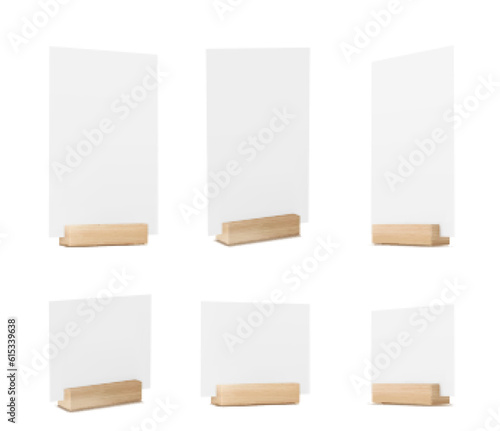 3d menu paper card stand holder for table mockup isolated. Blank a5 frame display branding design for dinner label in restaurant or cafe set. Empty vertical business promotion on wooden podium object