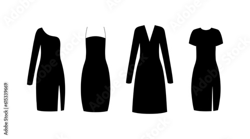 Collection of fashion evening dresses. Little black and cocktail dress. Silhouette apparel. Four women clothing. Clothes icon isolated on white background. Vector illustration.