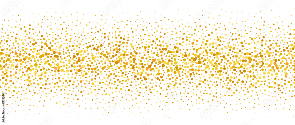 Golden confetti gradient background. Repeating gold glitter pattern. Yellow, orange and golden dots wallpaper. Celebration party decoration. Vector backdrop 