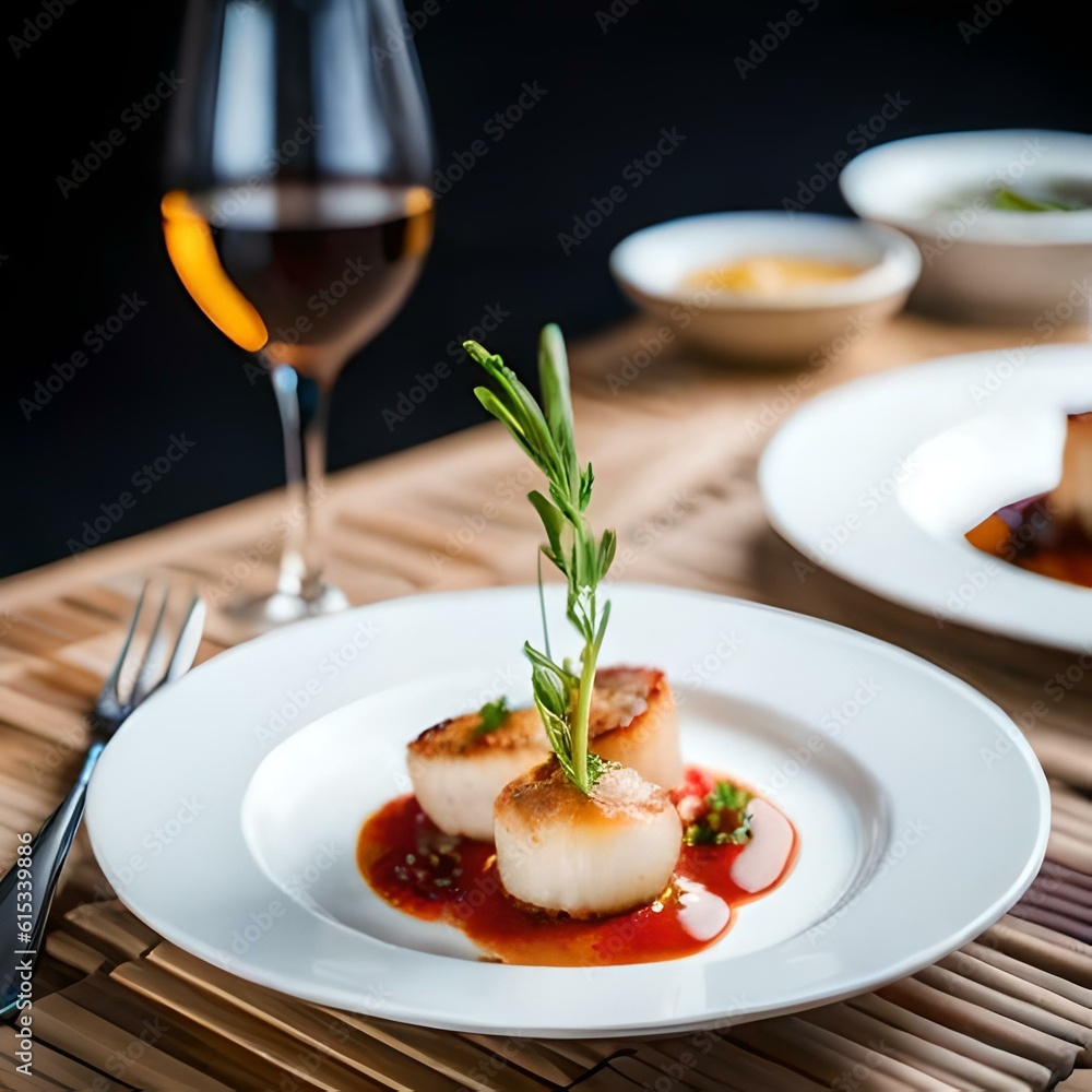 Grilled sea scallop and a glass of wine on a neutral background created and generated by AI Grilled sea scallop and a glass of wine on a neutral background created and generated by AI