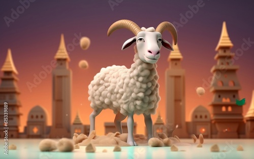 Happy Sheep on Eid Day, Celebrating Eid Al Adha with mosque in background, Generative Ai