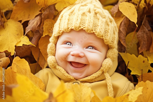 Happy cute baby with yellow autumn leaves smiles  Generative AI 