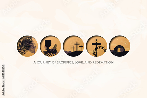 Holy Week Banner. Set of Holy Week Icons, palms, wine and bread, crucifixion of Jesus, Cross and crown of thorns, rising from the temple. Easter and lent design icons.