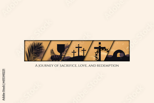 Minimalist Holy Week Design. Palm Sunday, Maundy Thursday, Good Friday, Holy Saturday, Easter Sunday. Palms, Chalice, bread, crucifixion of Jesus. A journey of sacrifice, love, and redemption. EPS10.