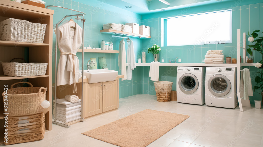 Interior clean white laundry room with front load washer and dryer units , Created with Generative Ai Technology Interior clean white laundry room with front load washer and dryer units , Created with Generative Ai Technology