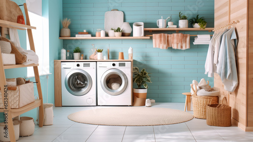 Interior clean white laundry room with front load washer and dryer units , Created with Generative Ai Technology