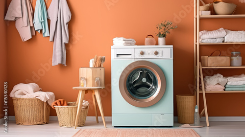 Interior clean white laundry room with front load washer and dryer units , Created with Generative Ai Technology