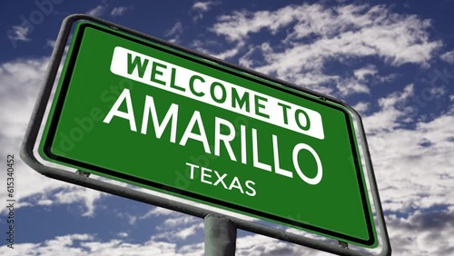 Welcome to Amarillo, Texas. USA City Road Sign Close Up, Realistic 3d Animation photo