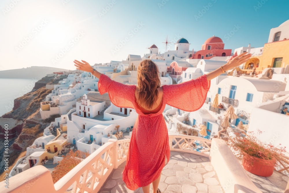 A carefree woman with arms open wide, dancing in joy and freedom amidst the picturesque beauty of Oia, Santorini, Greece island. Vibrant summer vibes. Generative AI - obrazy, fototapety, plakaty 