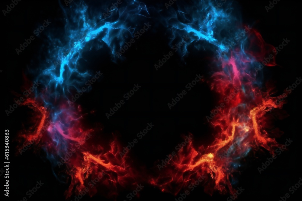 Blue and red fire border and empty space in the middle on black background Generative AI
