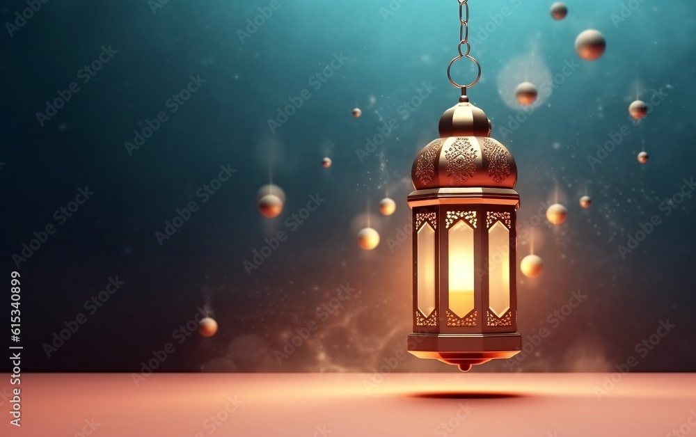 Islamic lantern, Eid Al adha Concept with blue background with copy space for text, Generative Ai