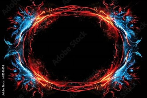 Blue and red fire border and empty space in the middle on black background Generative AI