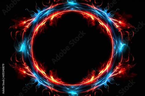 Blue and red fire border and empty space in the middle on black background Generative AI