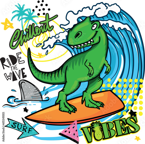  dinosaur on surf. Typography print for kids  . Original design with t-rex  dinosaur. print for T-shirts  textiles  wrapping paper  web. 